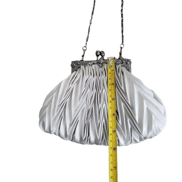 Satin Light Gray Pleated Evening Mini Bag With Short Chain Strap - Picture 10 of 11